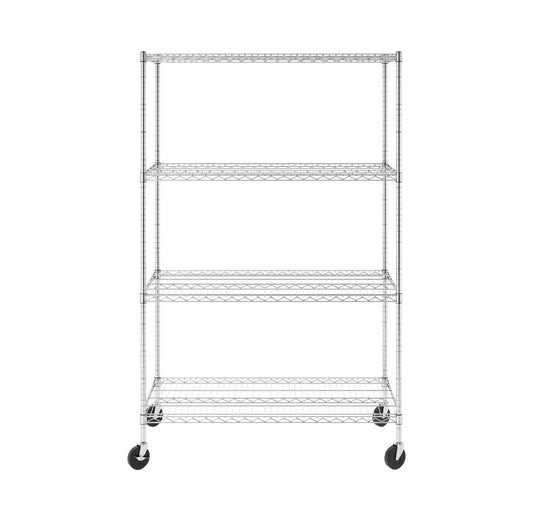 SafeRacks 24" x 48" x 72" 4-tier wire rack with adjustable shelves and wheels for versatile storage.