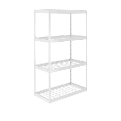 SafeRacks heavy-duty garage shelving unit with four adjustable metal shelves, perfect for organizing garage essentials.