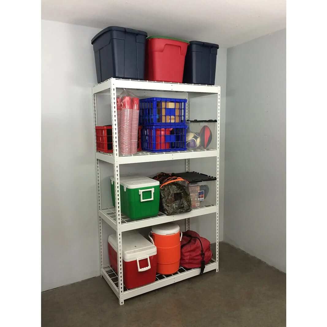 Heavy-duty garage shelving unit with storage bins and coolers organized on four adjustable shelves.