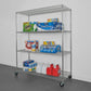 SafeRacks 4-tier wire rack with various household products for organized storage solutions.