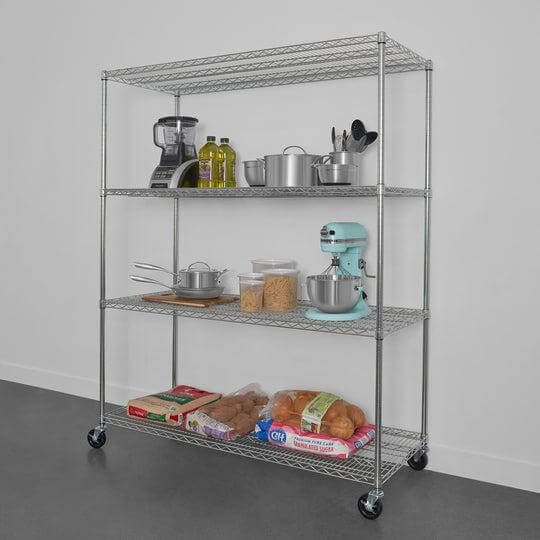 SafeRacks 4-tier wire rack displaying kitchen items, including cookware and a mixer, providing organized storage solutions.