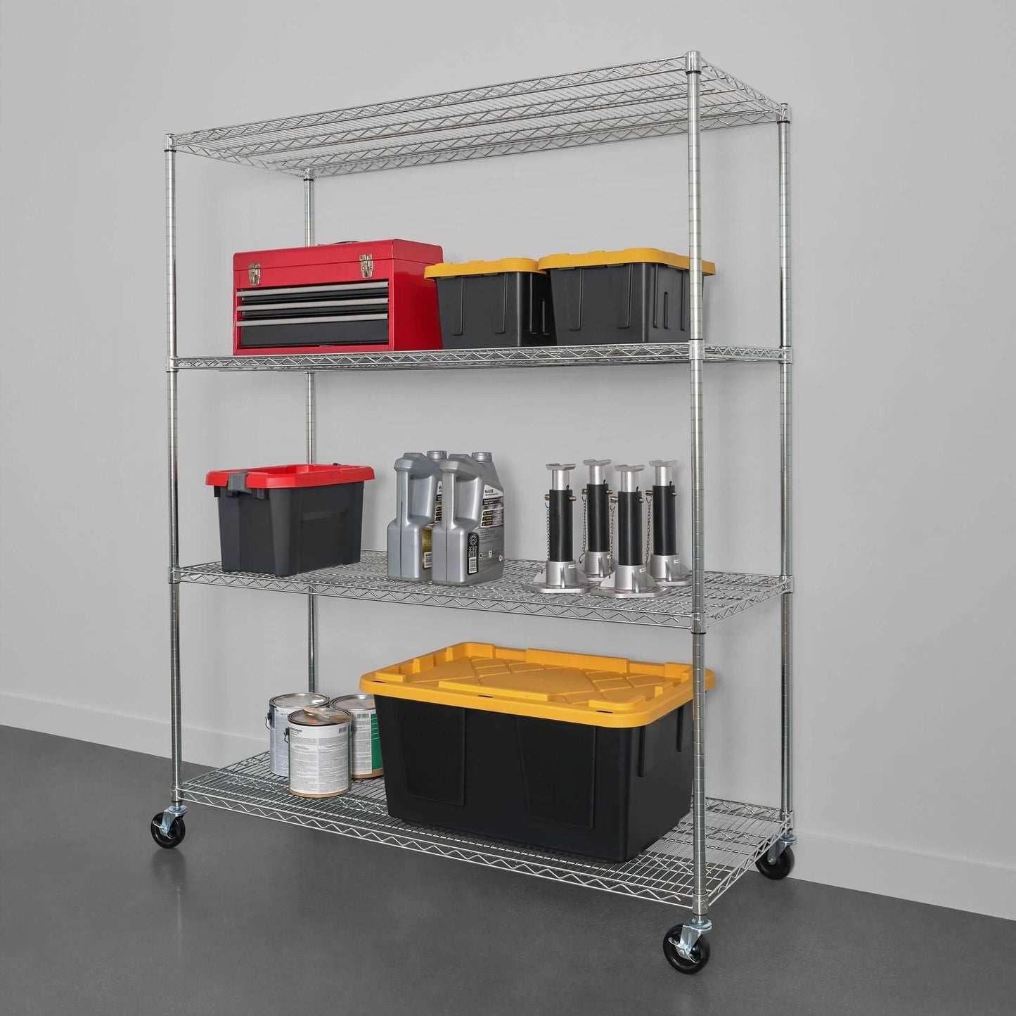 4-tier wire rack with adjustable shelves, organized storage for tools and bins, ideal for home or garage use.