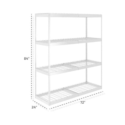Heavy-duty garage shelving rack measuring 24" x 72" x 84" with four adjustable shelves for maximum storage.