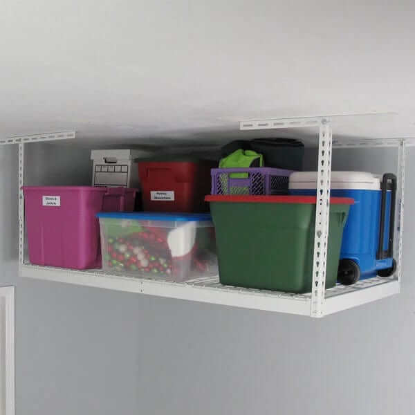 Overhead garage storage rack filled with colorful bins, showcasing efficient organization and maximized storage space.