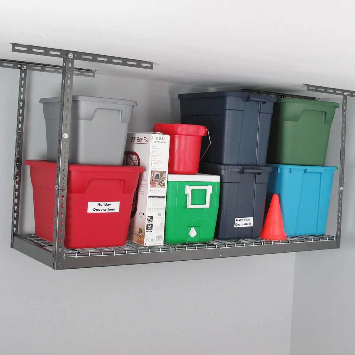 Overhead garage storage rack with colorful bins and boxes for organization and maximum space utilization.