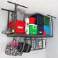 Overhead garage storage rack filled with colorful bins and bags, optimizing space and organization.