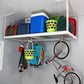 Overhead garage storage rack holding bins, baskets, and a bike, maximizing space and organization.