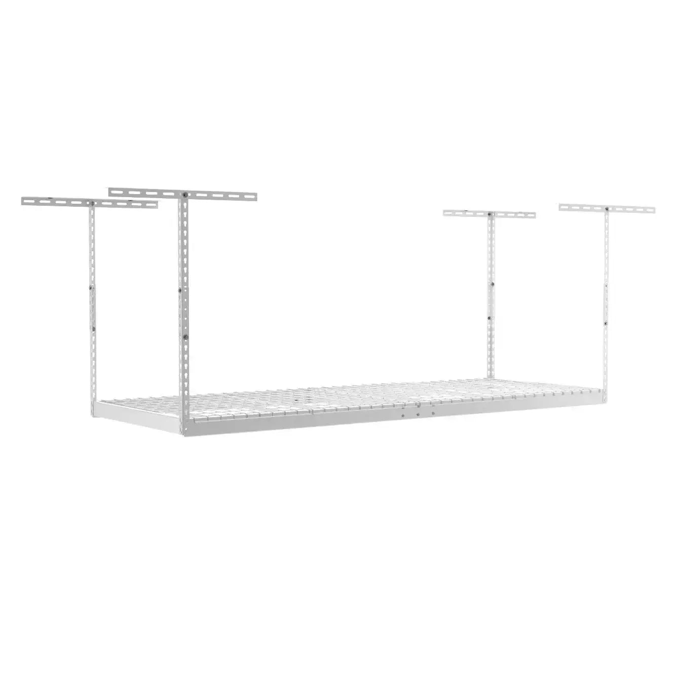 SafeRacks 3' x 8' overhead garage storage rack in white, designed for heavy loads and optimal garage organization.