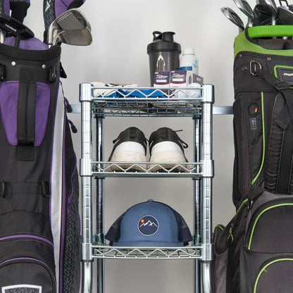 SafeRacks golf bag organizer storing golf bags, shoes, and accessories; efficient golf storage solution.