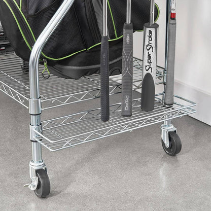 SafeRacks golf bag organizer with clubs and accessories on a rolling shelf for tidy golf equipment storage.