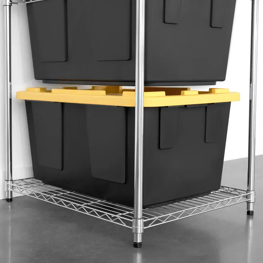 SafeRacks storage bin rack with yellow-lid bins, designed for efficient space organization and easy access.