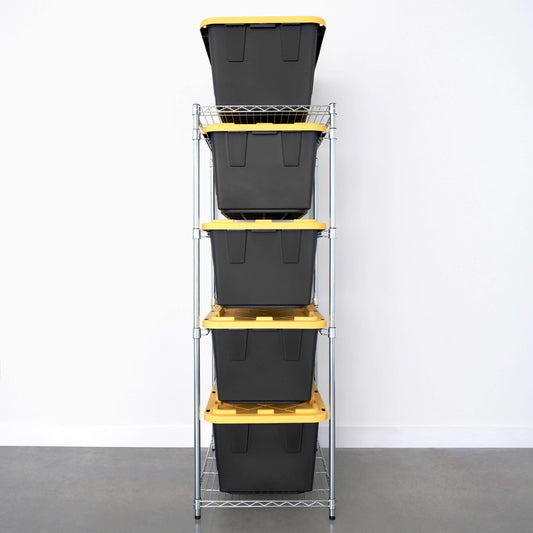 SafeRacks storage bin rack combo showcasing five organized bins with yellow lids for efficient storage. 