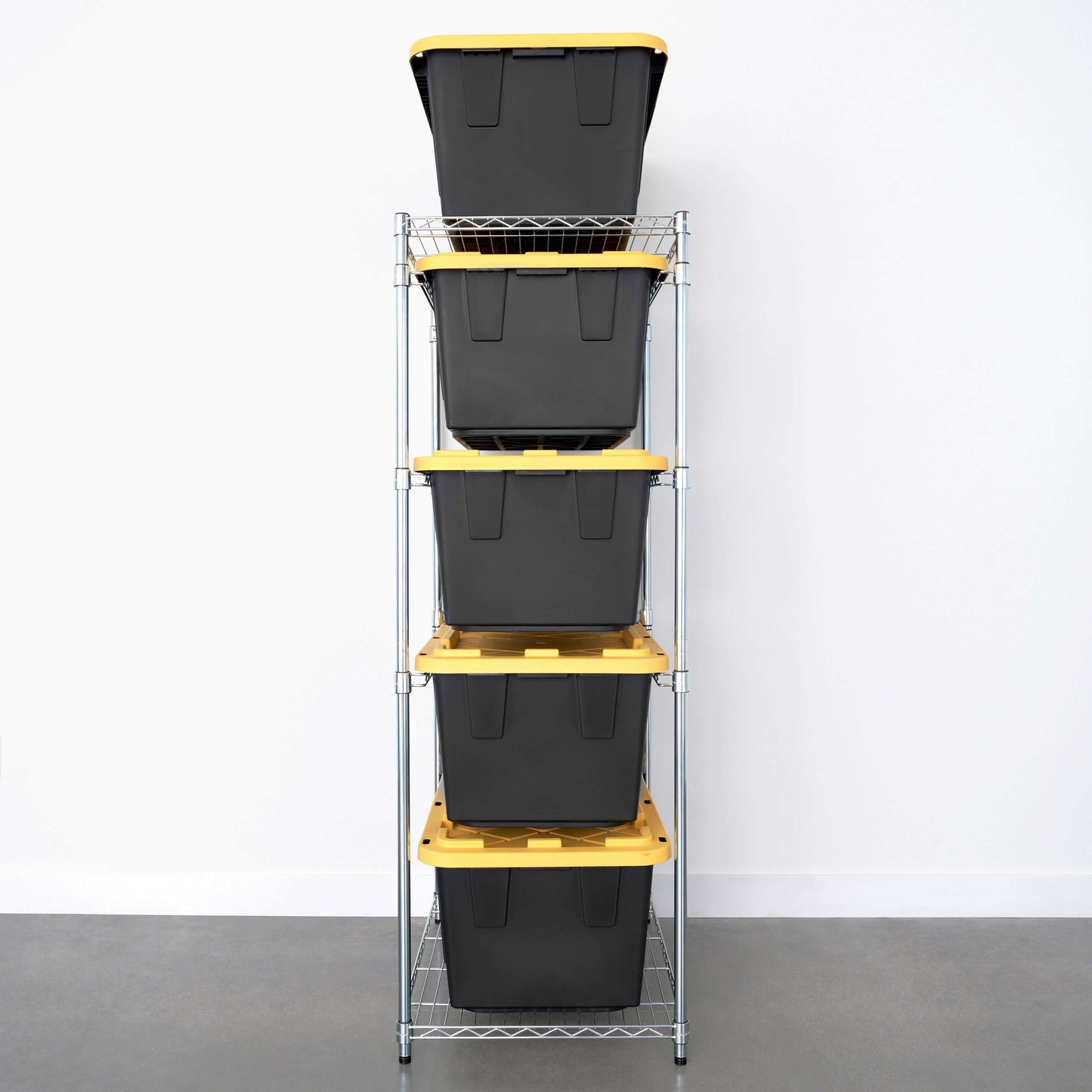 SafeRacks storage bin rack combo showcasing five organized bins with yellow lids for efficient storage.