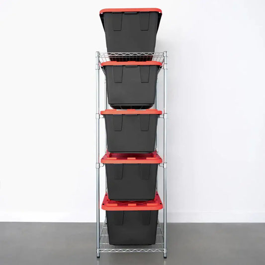 SafeRacks storage bin rack with four black storage bins featuring red lids, organized for easy access and efficient storage. 