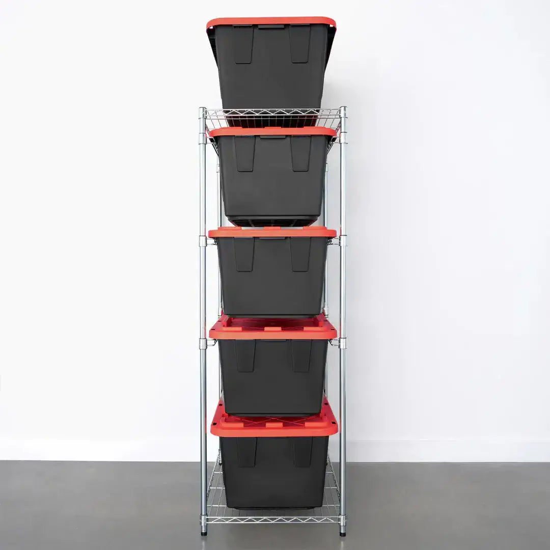 SafeRacks storage bin rack with four black storage bins featuring red lids, organized for easy access and efficient storage.