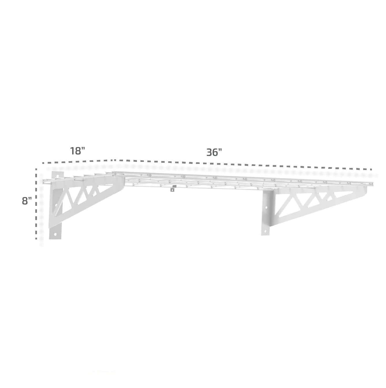 SafeRacks 18" x 36" wall shelf dimensions with 8" height for garage storage and organization.