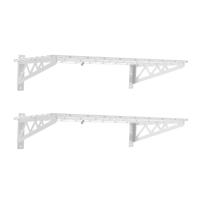 Saferacks 18" x 36" wall shelves in white, ideal for garage organization and heavy-duty storage.