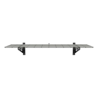 Heavy-duty 18" x 48" wall shelf by SafeRacks, designed for sturdy garage storage, featuring durable brackets.
