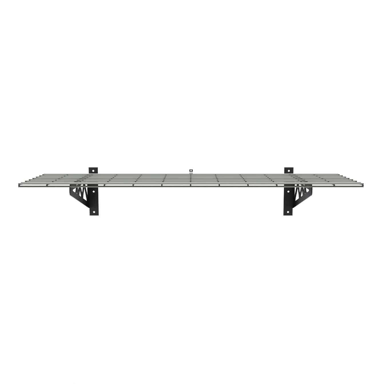 Heavy-duty 18" x 48" wall shelf by SafeRacks, designed for sturdy garage storage, featuring durable brackets.