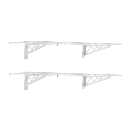 Saferacks 18" x 48" heavy-duty wall shelves, two-pack, featuring durable brackets for garage storage. 