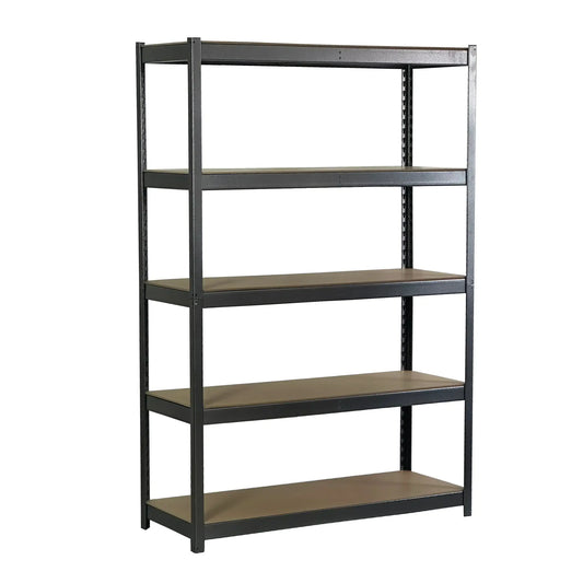 SafeRacks 18" x 48" x 72" heavy-duty garage shelving unit with five adjustable shelves.