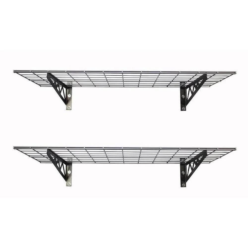 Saferacks heavy-duty 24" x 48" wall shelves with metal brackets for garage or home storage.