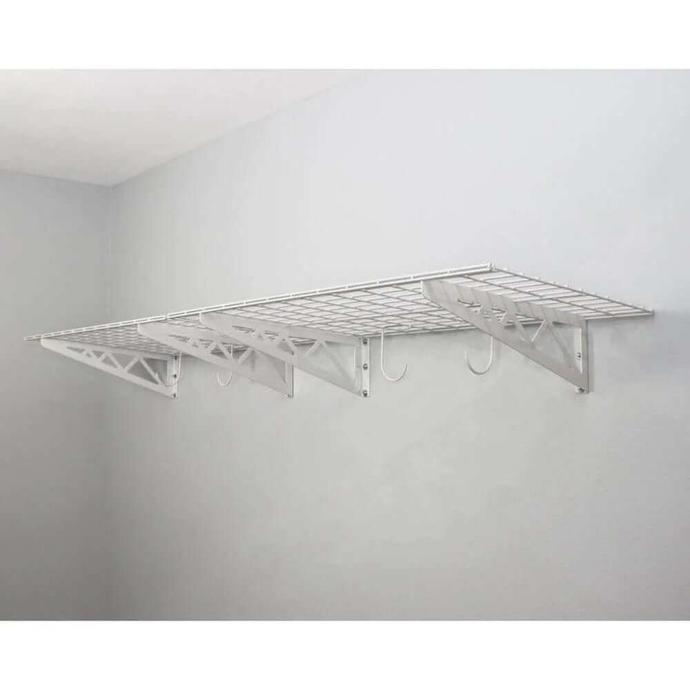 White heavy-duty wall shelves with hooks, providing efficient storage for home or garage use.