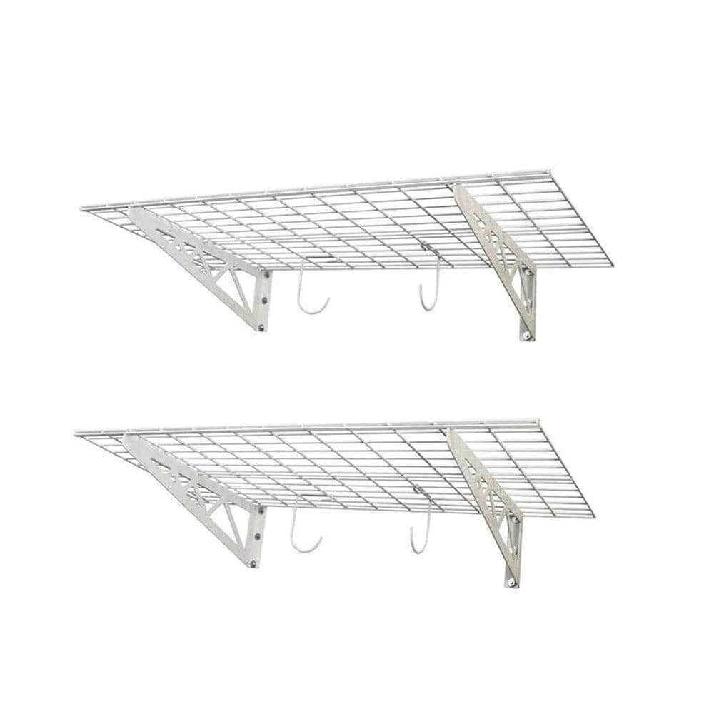 Heavy-duty 24" x 48" wall shelves with hooks, perfect for maximizing storage in home or garage.