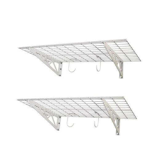 Heavy-duty 24" x 48" wall shelves with hooks, perfect for maximizing storage in home or garage. 