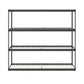 Heavy-duty garage shelving rack with four adjustable shelves and industrial-strength steel construction.