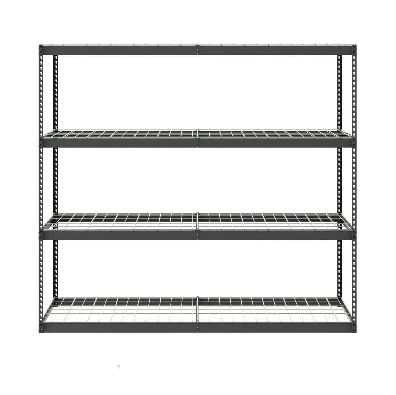 Heavy-duty garage shelving rack with four adjustable shelves and industrial-strength steel construction.