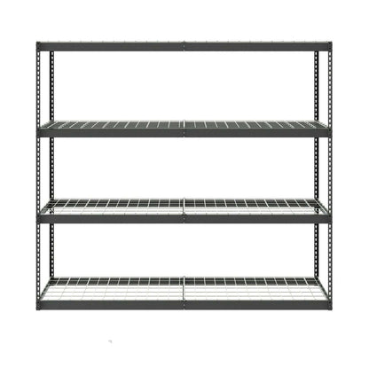 Heavy-duty garage shelving rack with four adjustable shelves and industrial-strength steel construction.