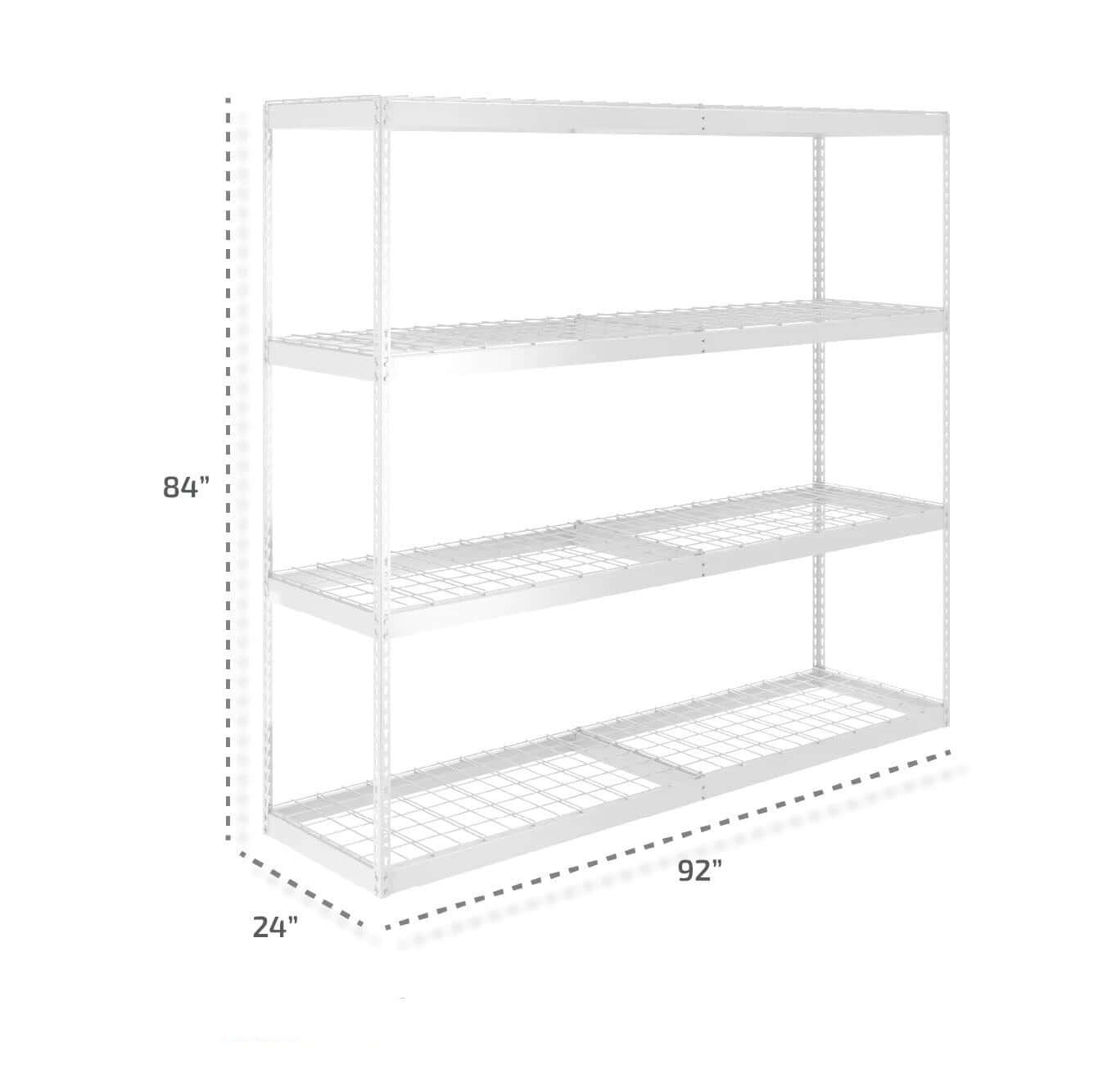 Heavy-duty garage shelving rack measuring 24"x 92"x 84", featuring four adjustable shelves for versatile storage.