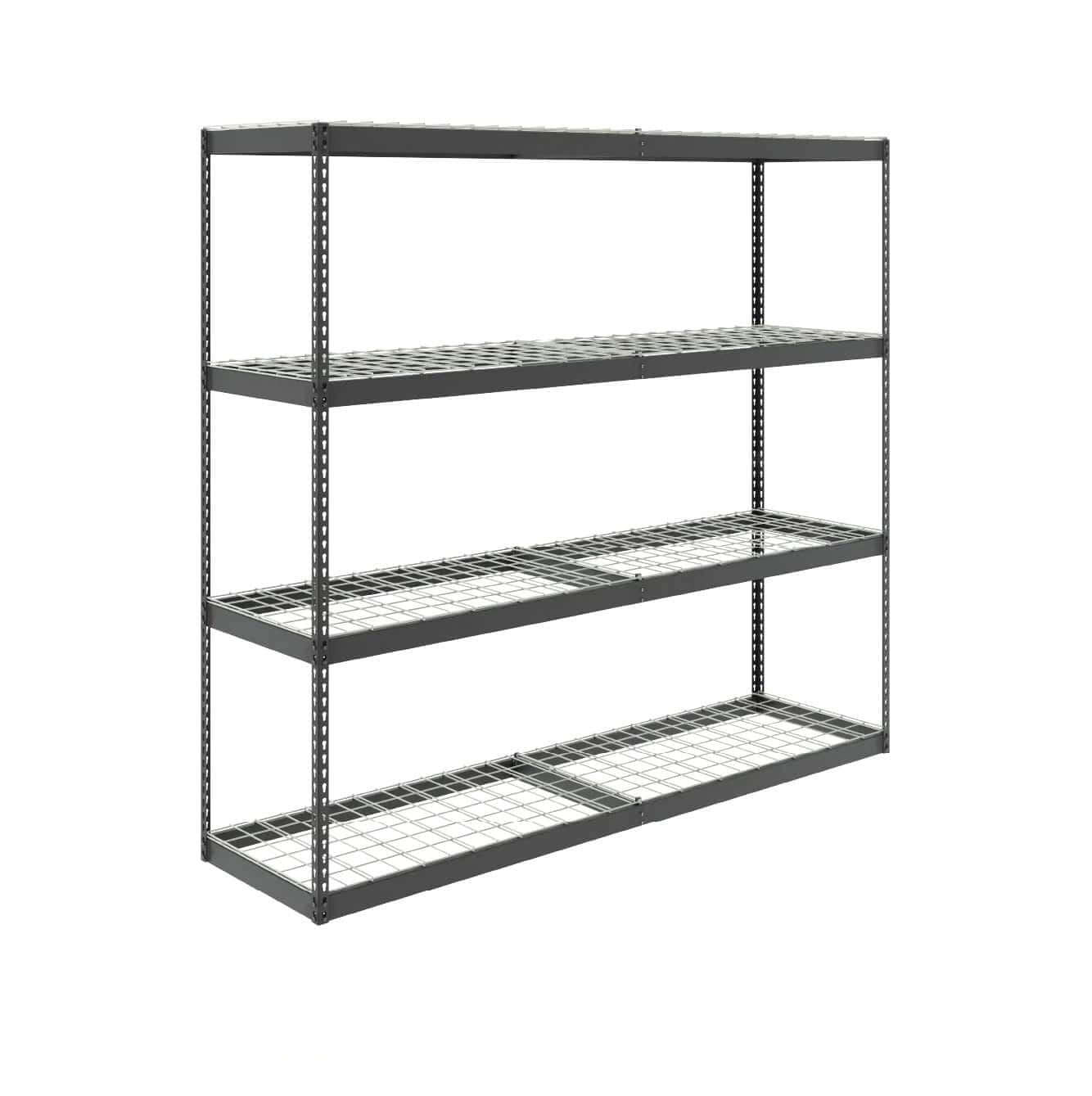 Heavy-duty garage shelving unit with four adjustable wire shelves for durable storage solutions.