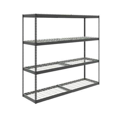 Heavy-duty garage shelving unit with four adjustable wire shelves for durable storage solutions.