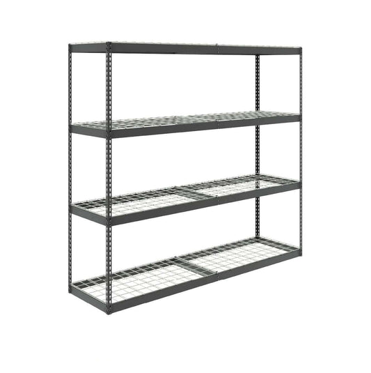 Heavy-duty garage shelving unit with four adjustable wire shelves for durable storage solutions. 