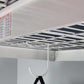 Close-up of SafeRacks 4' x 4' overhead garage storage rack with hooks for hanging items.