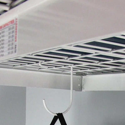 Close-up of SafeRacks 4' x 4' overhead garage storage rack with hooks for hanging items.