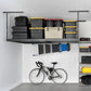 Overhead garage storage system featuring bins, tools, and a bicycle for organized storage solutions.