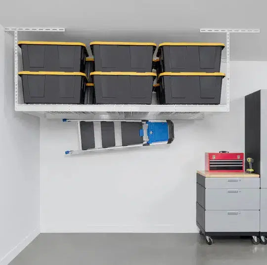 Overhead garage storage system with 5 black bins and a ladder, maximizing space efficiency in a garage.