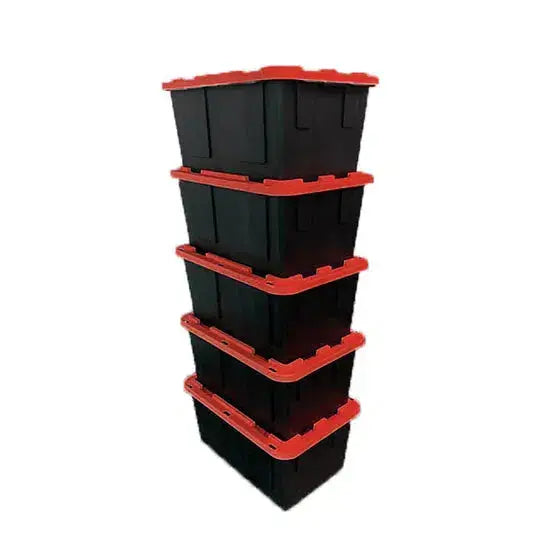 Stacked black storage bins with red lids, perfect for organized garage storage.