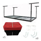 SafeRacks 4' x 8' overhead garage storage bundle with 5 red bins and hooks for organization.