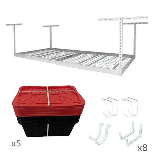 SafeRacks overhead garage storage bundle with five red bins and hooks for efficient space organization. 