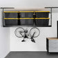 Overhead garage storage rack with yellow bins and a bicycle hanging below, showcasing efficient space utilization.