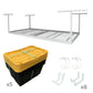 SafeRacks 4' x 8' overhead storage with 5 yellow storage bins and 8 hooks for efficient garage organization.