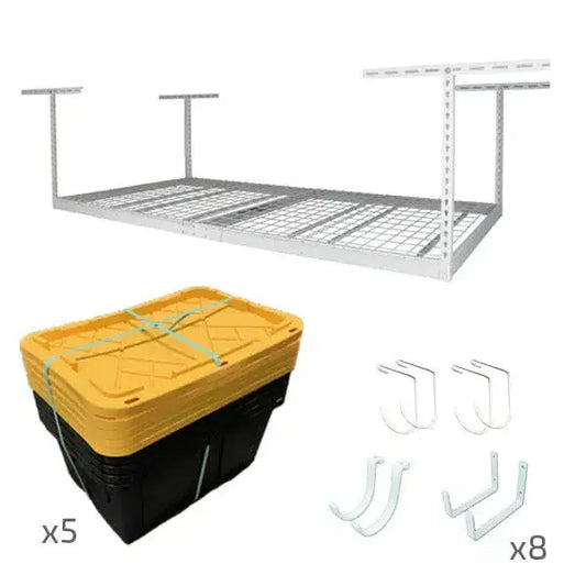 SafeRacks 4' x 8' overhead storage with 5 yellow storage bins and 8 hooks for efficient garage organization. 