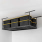 SafeRacks 4' x 8' overhead storage rack with black bins for efficient garage organization.