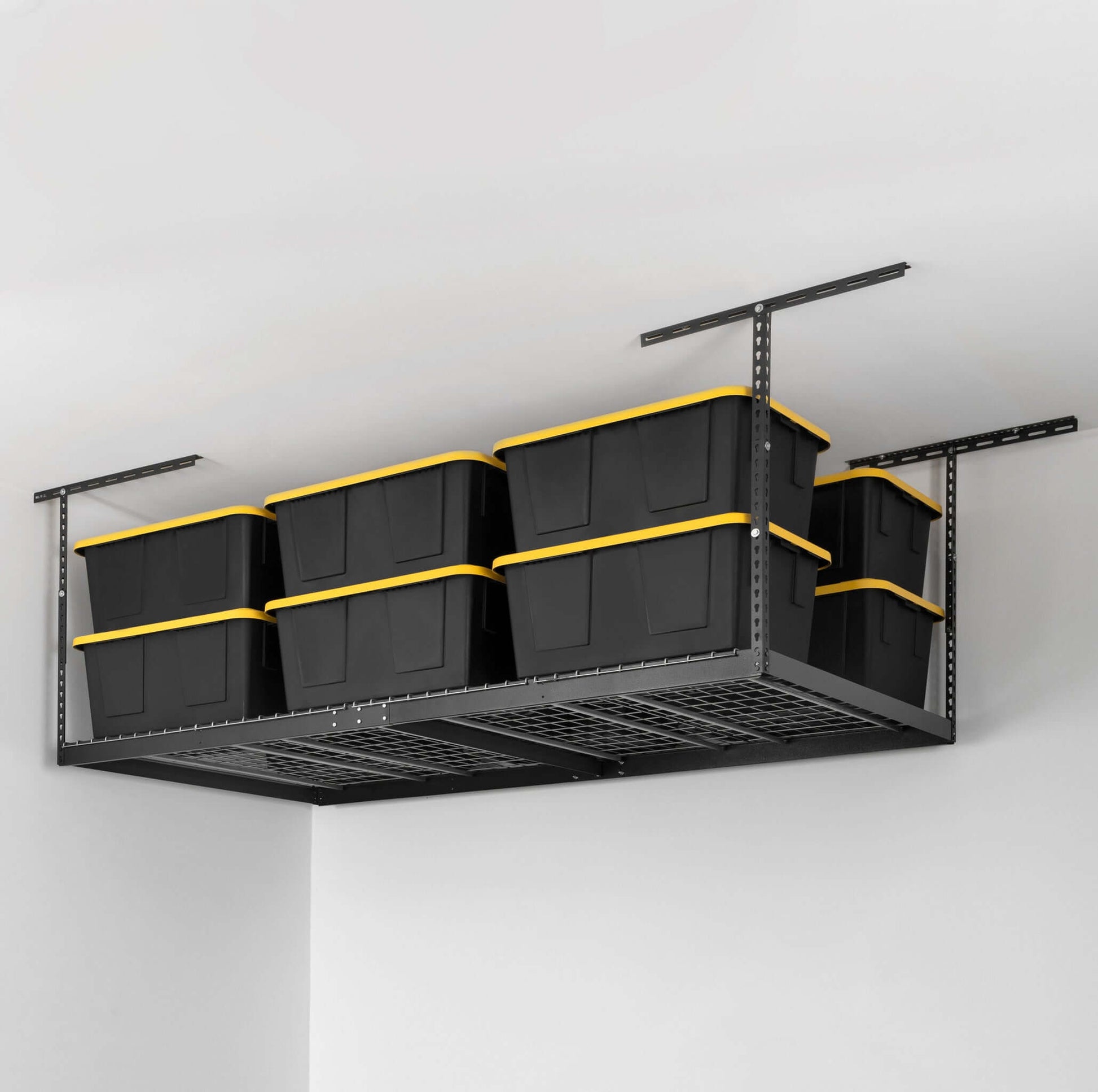 SafeRacks 4' x 8' overhead storage rack with black bins for efficient garage organization.