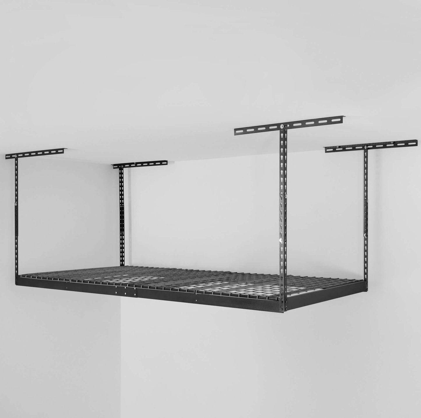 SafeRacks 4' x 8' overhead garage storage rack with heavy-duty design and adjustable ceiling-drop length.