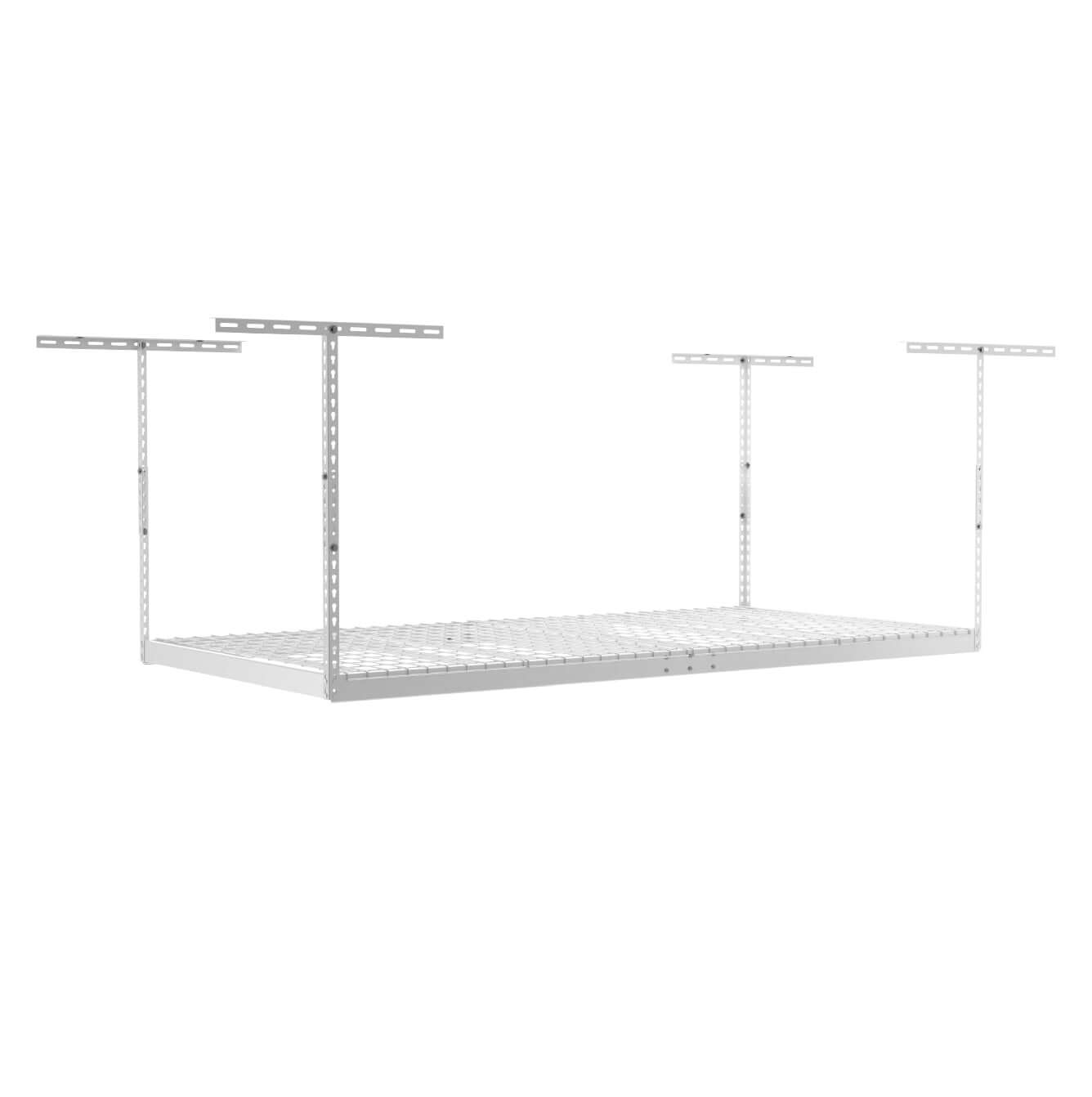 SafeRacks 4' x 8' overhead garage storage rack, 600 lb capacity, featuring adjustable ceiling-drop for efficient storage.